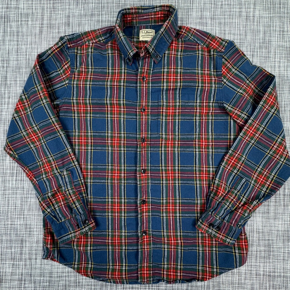 LL Bean Mens Flannel Shirt Traditional Fit Plaid Button Down Blue Approx Medium